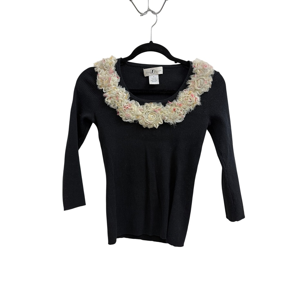 Once Again Y2K Black Ribbed Knit 3D Floral Rosette Collar Sweater‎ Top Small